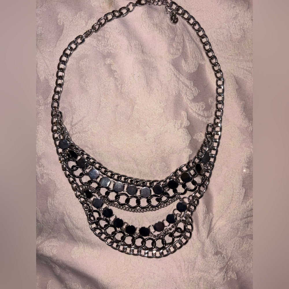 Silver-Tone Layered Chain Bib Necklace | Multi-Strand Statement